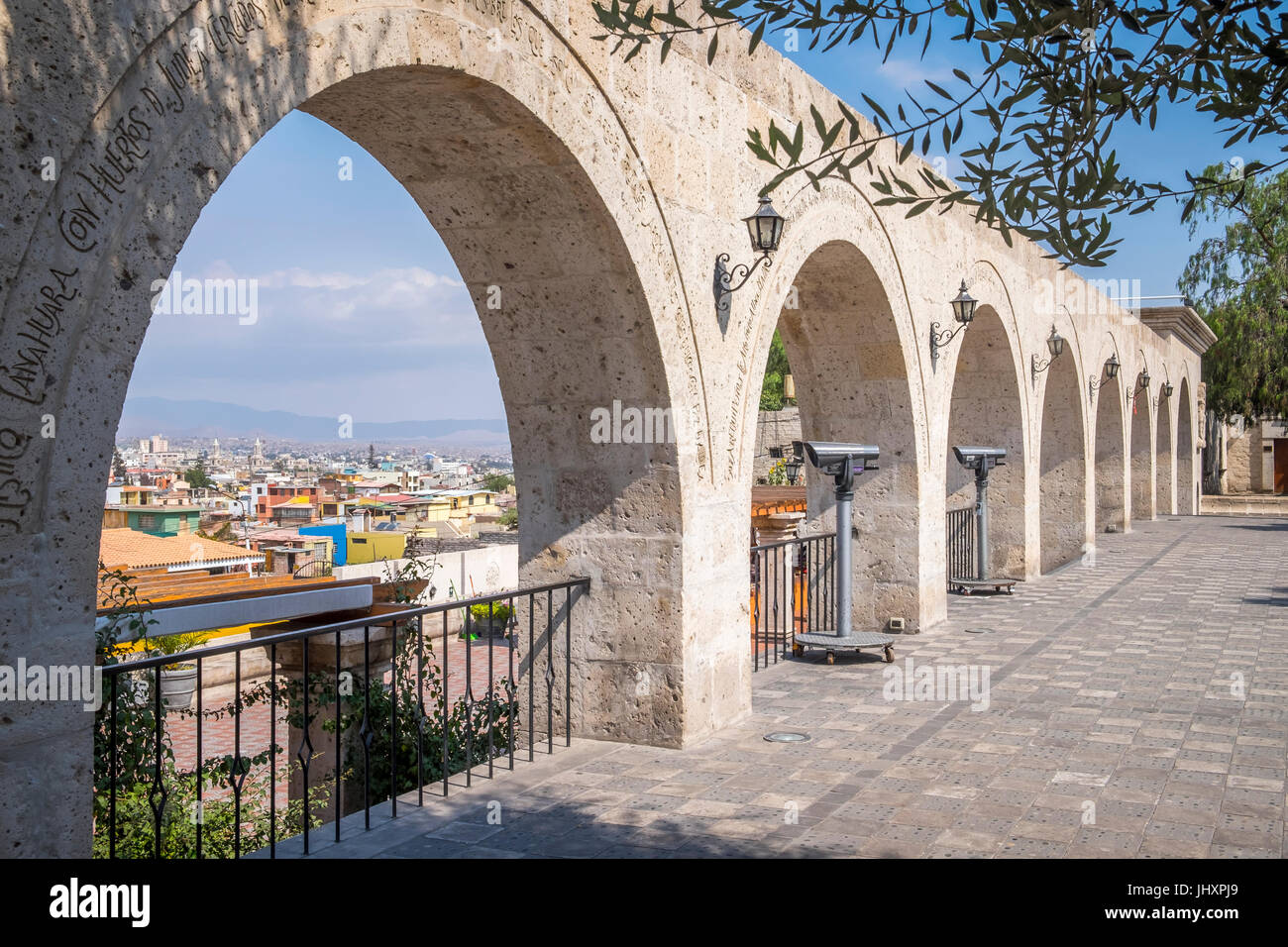 AREQUIPA, PERU - CIRCA APRIL 2014: View of arches at the Yanahuara viewpoint Arequipa is the Second city of Perú by population with 861,145 inhabitant Stock Photo