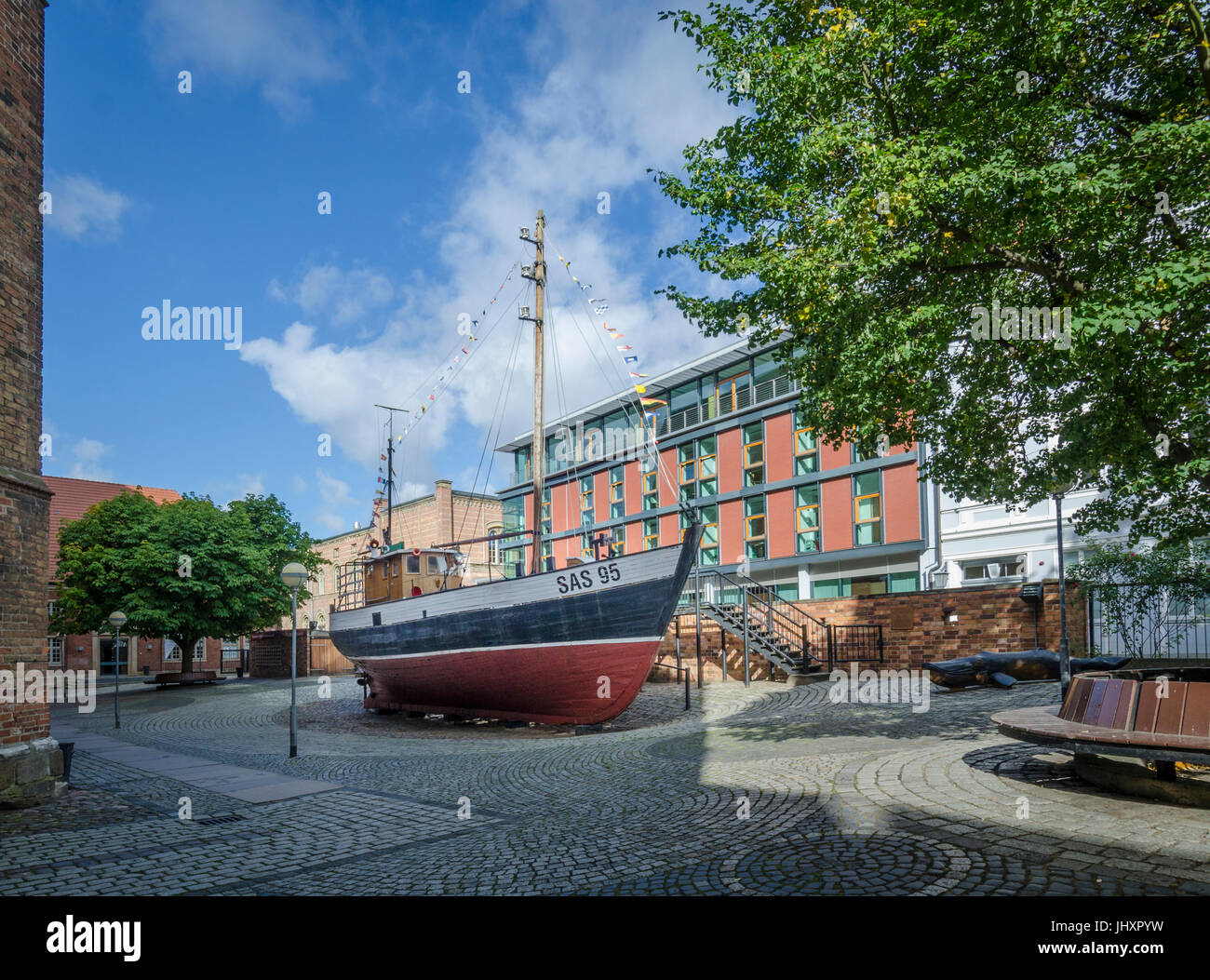 Ship on dry land in the German Oceanographic Museum, Stralsund, Germany Stock Photo