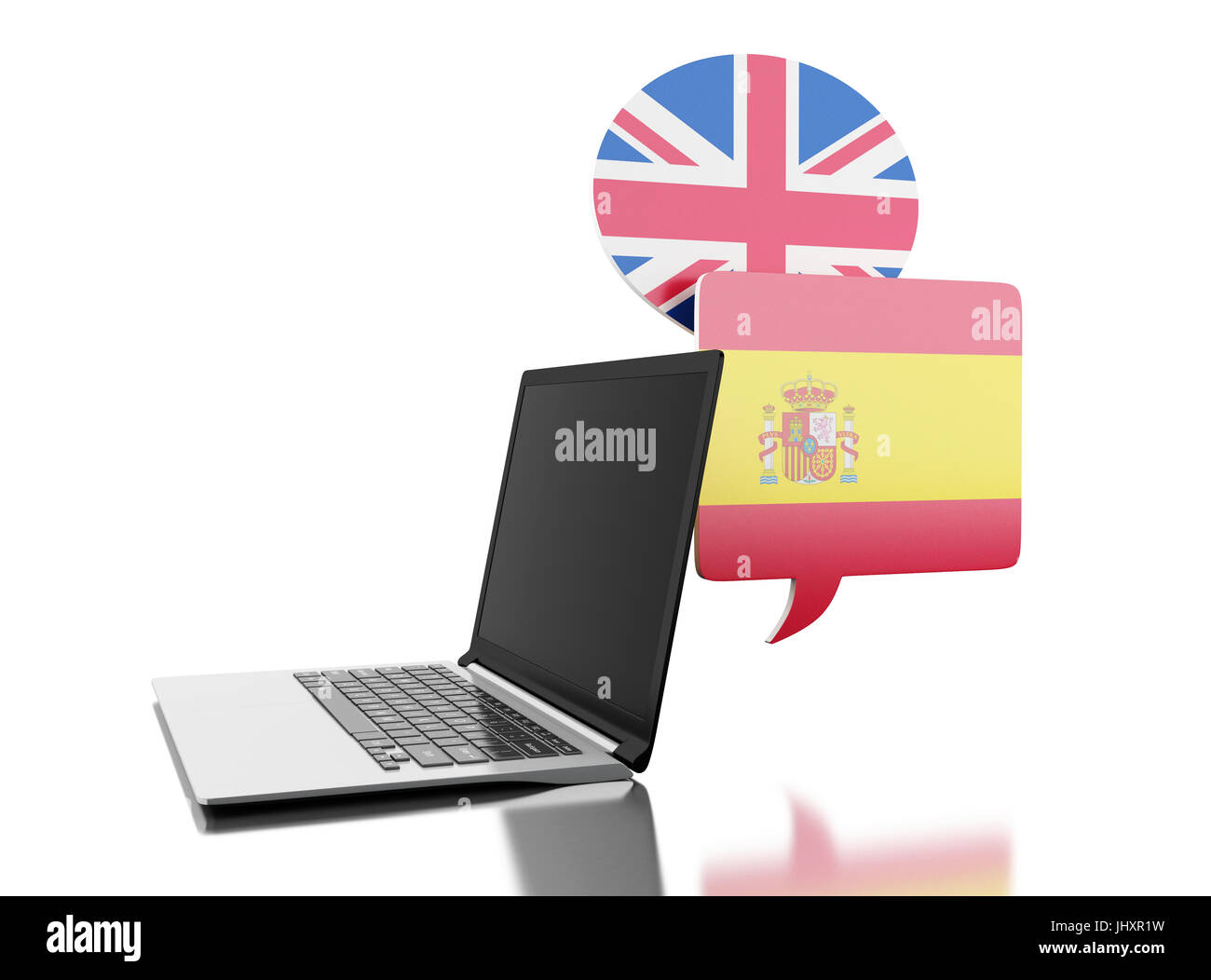 3d illustration. Online translator of Spanish and English with laptop