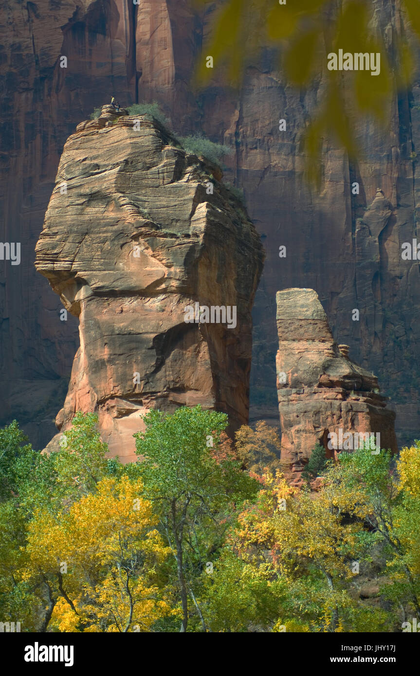 Climbers successfully top the pinnacle of the rock formation known as The Pulpit in Zion National Park. Stock Photo