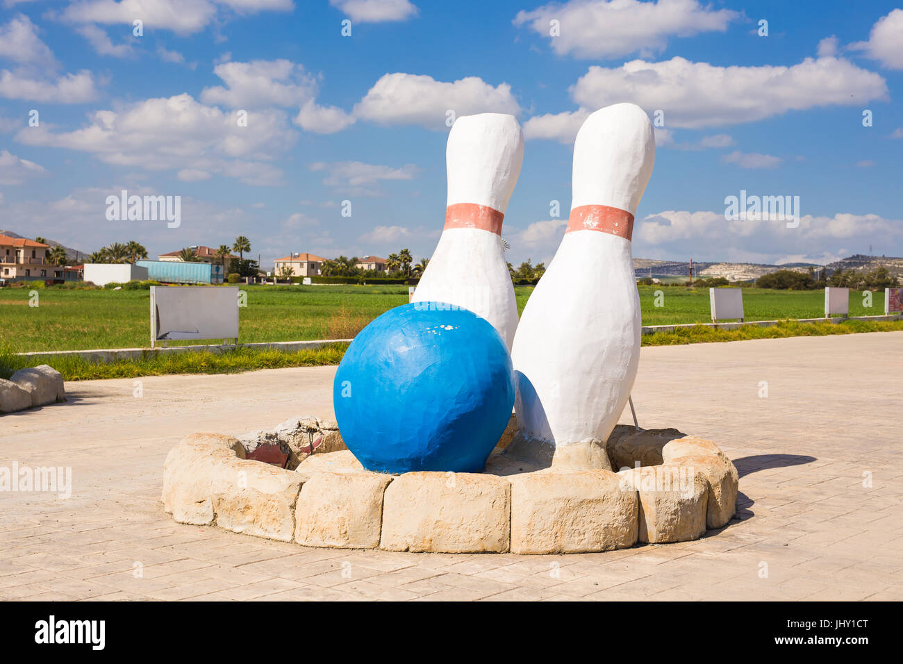 Bowling and sports games concept - Giant Skittles outdoor. Stock Photo