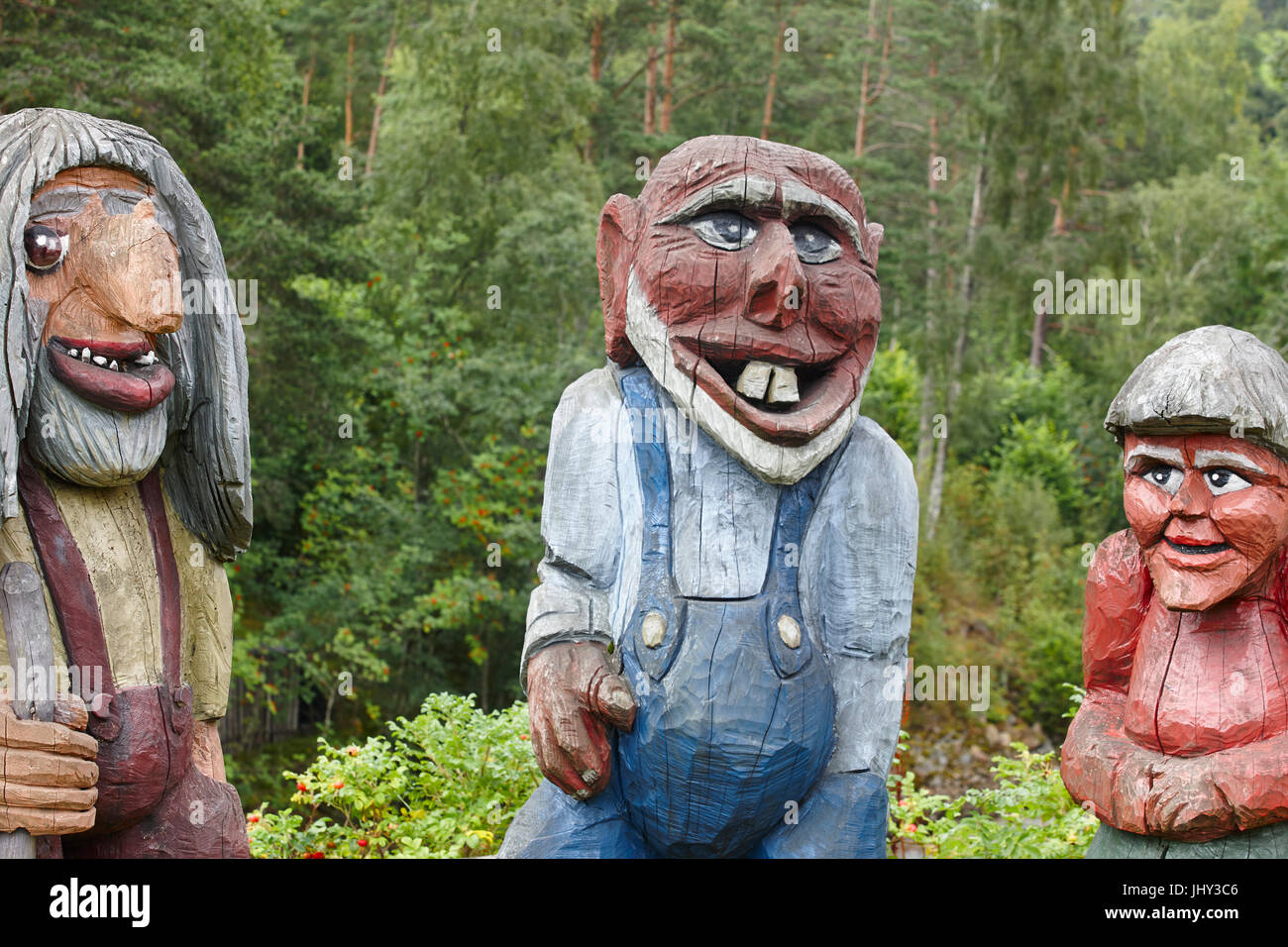 Norwegian carved wooden troll sculptures. Scandinavian folklore. Norway. Horizontal Stock Photo