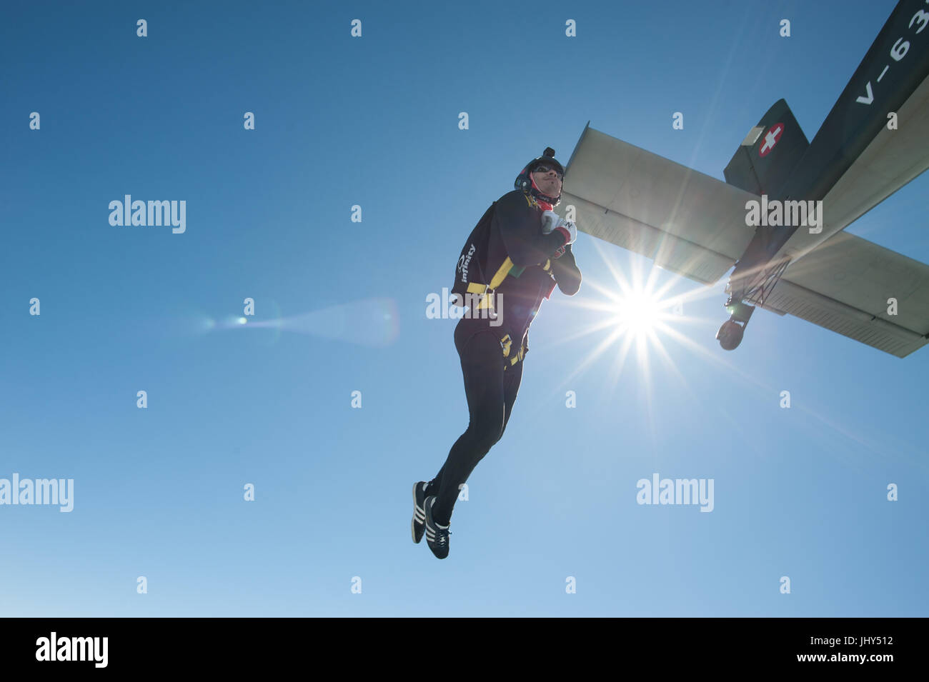 Freestyle skydiver doing a training jump above the Para Centro Locarno in Switzerland Stock Photo