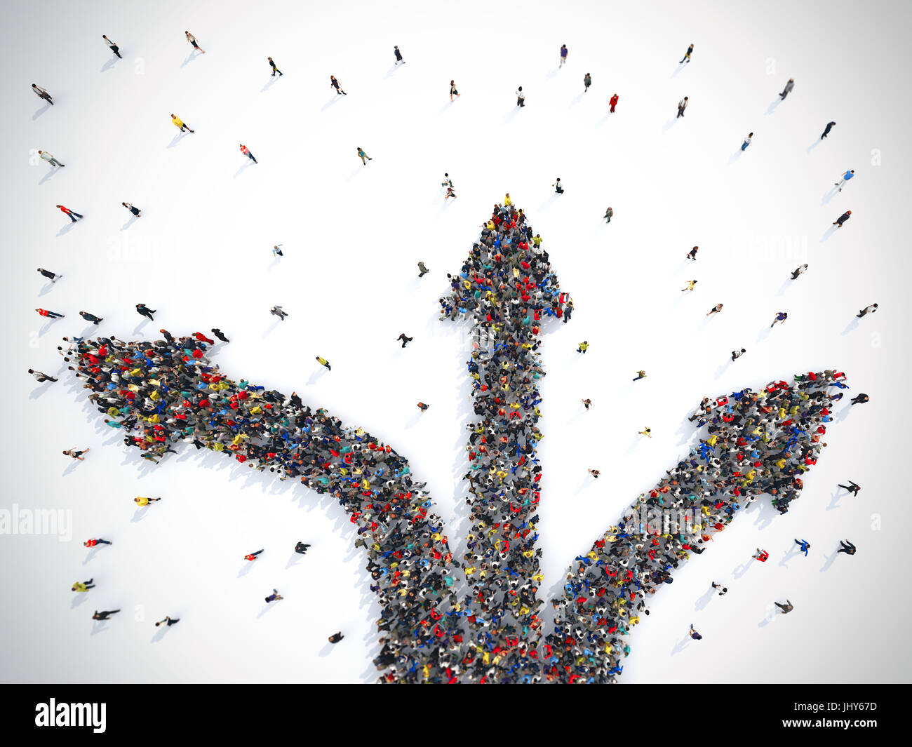 People have to choose the right direction. Concept of confusion. 3D Rendering Stock Photo