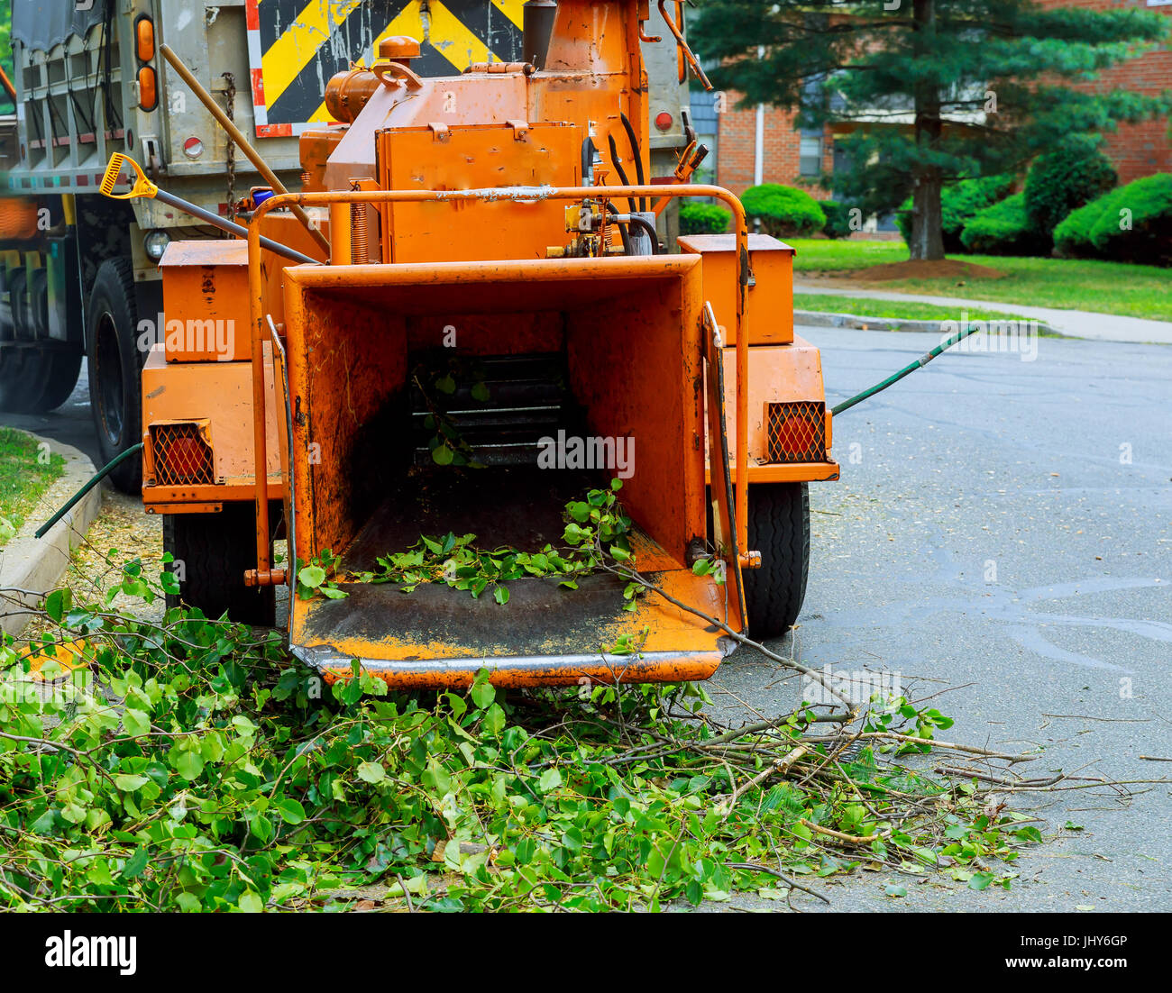 Wood chipper machine releasing the shredded woods into a truck Stock Photo