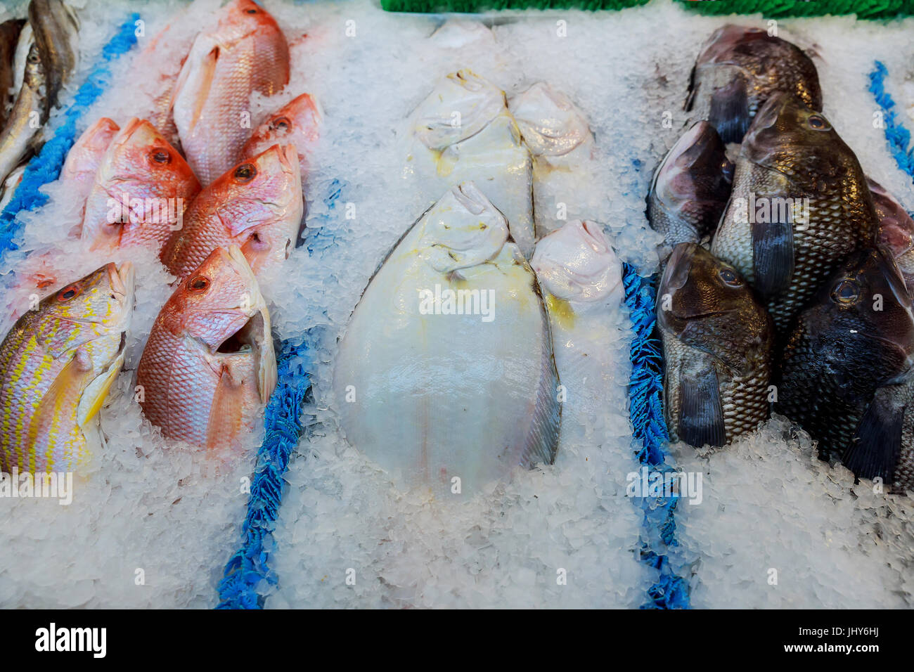 frozen fish on the counter at the supermarket Stock Photo Alamy