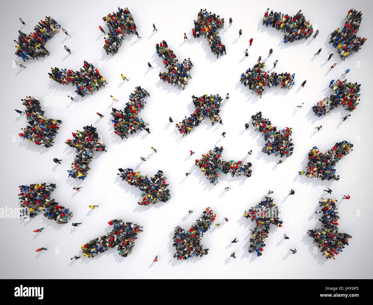 People have to choose the right direction. Concept of confusion. 3D Rendering Stock Photo
