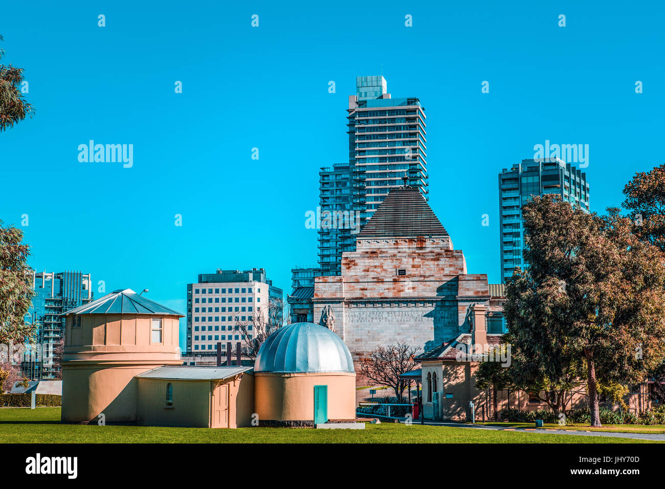 Melbourne Observatory with skyscrapers in the background. Melbourne