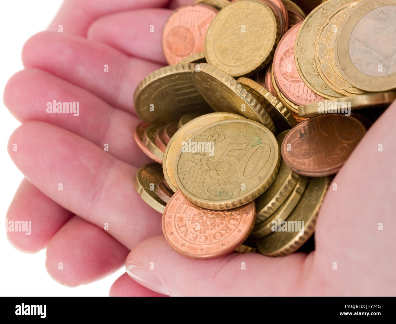 1 handful of eurocoins - hand with money, Eine Hand voll Euromünzen - hand with money Stock Photo