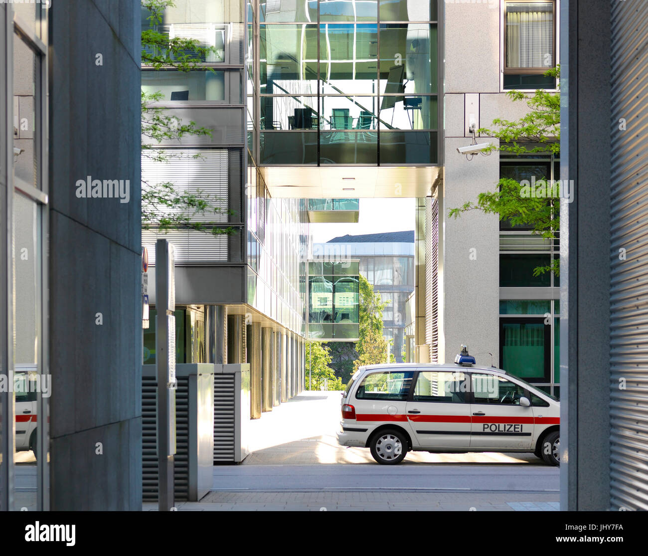 Building and police car in the government quarter in the new man's lane, St. P?lten, Lower Austria, Austria - Government District in St. P?lten, Lower Stock Photo