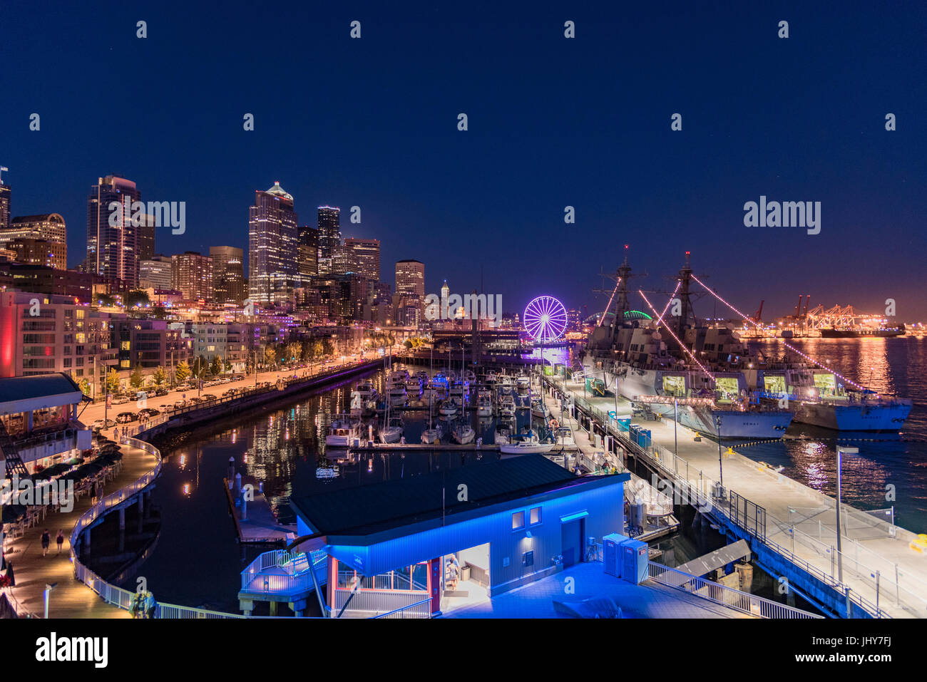 Seattle skyline at night from the waterfront Stock Photo