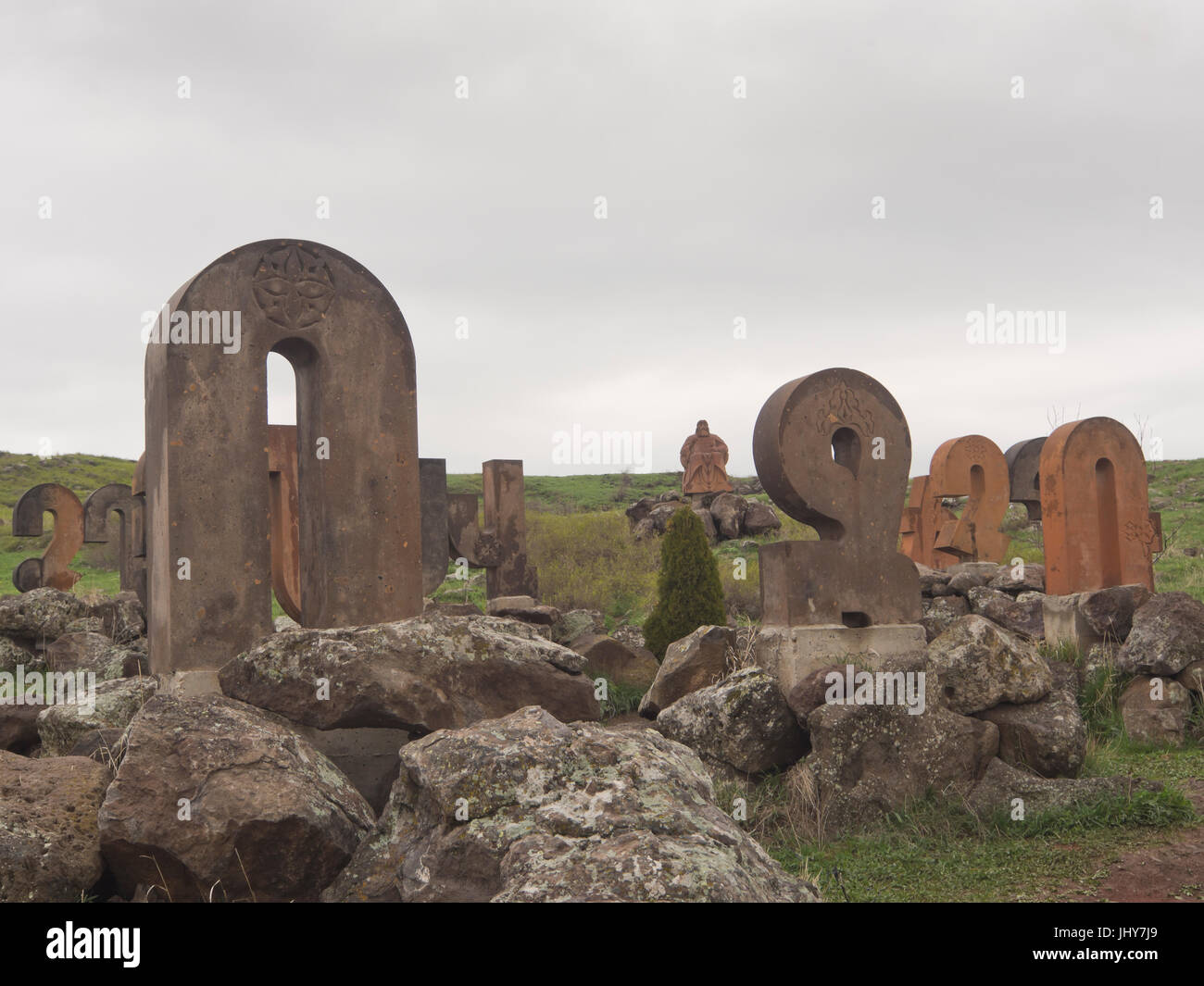 Armenian Alphabet Monument in Artashavan, Armenia along the M3 highway Stock Photo