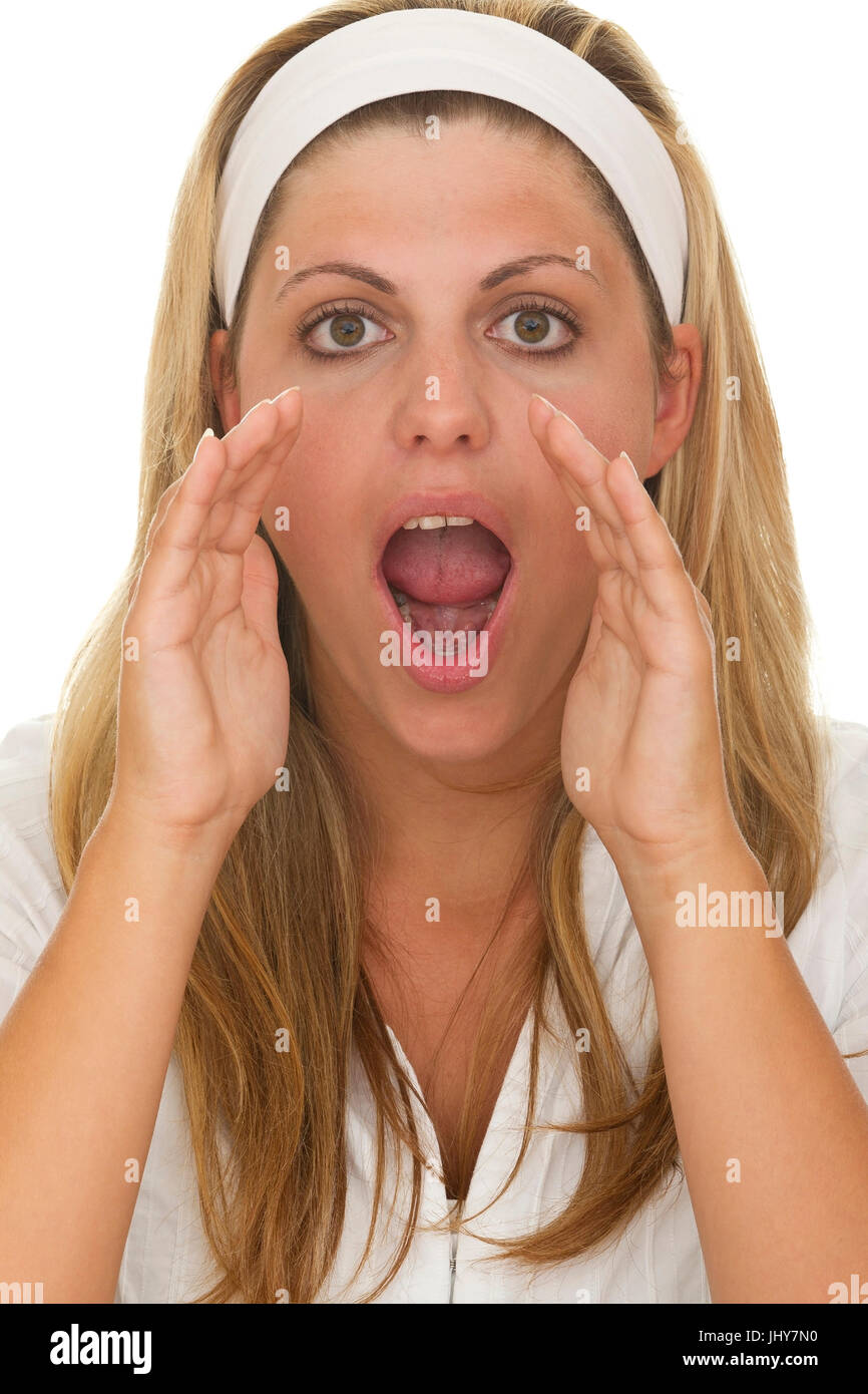 Young woman shouts - Young woman is calling, Junge Frau ruft - Young woman is calling Stock Photo