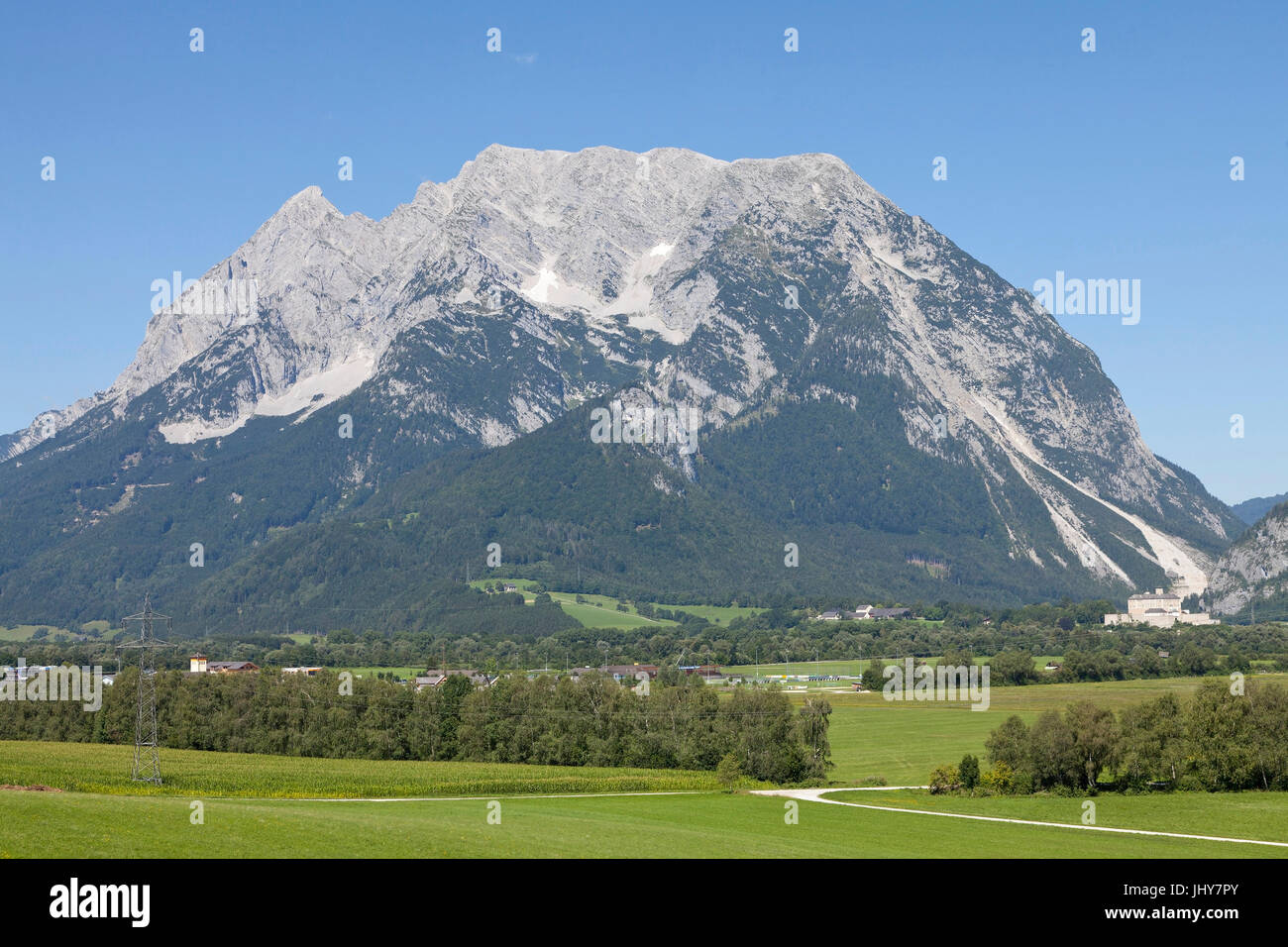 View of the Grimming of Irdning, Ennstal, Styria, Austria - View to mountain Grimming from Irdning, Enns-Valley, Styria, Austria, Ansicht des Grimming Stock Photo