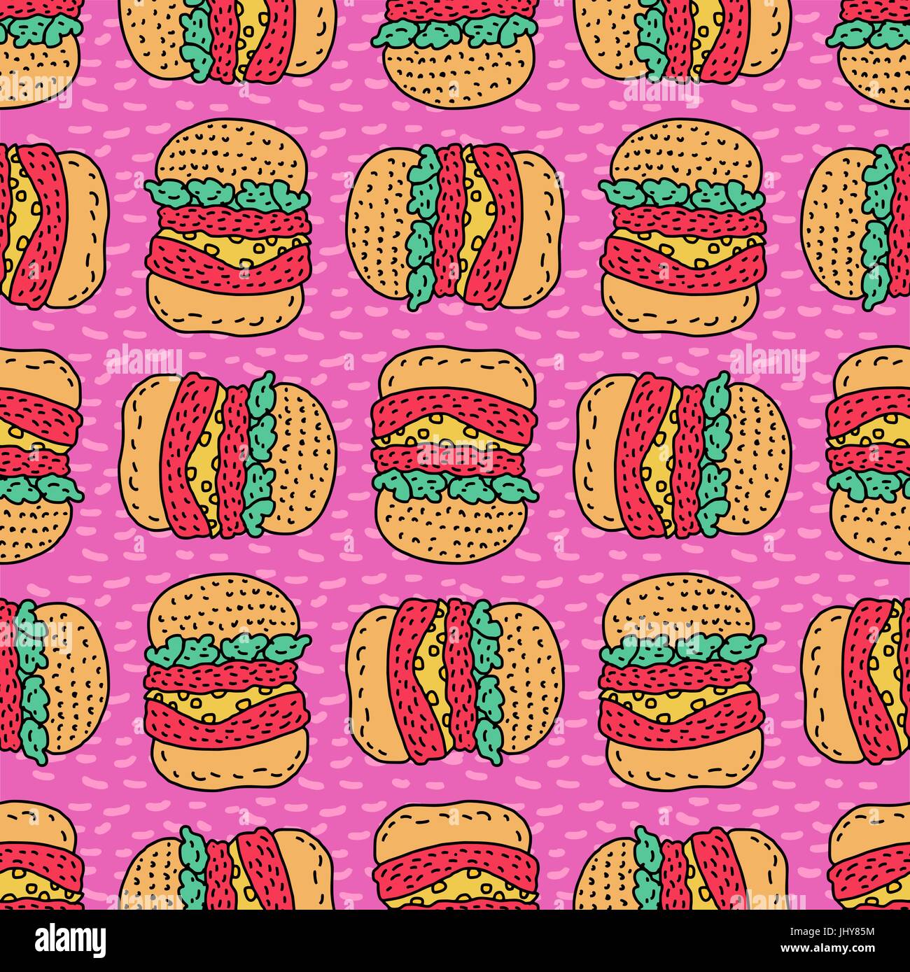 Hamburger drawing pattern. Big burger cartoon style background. Fast