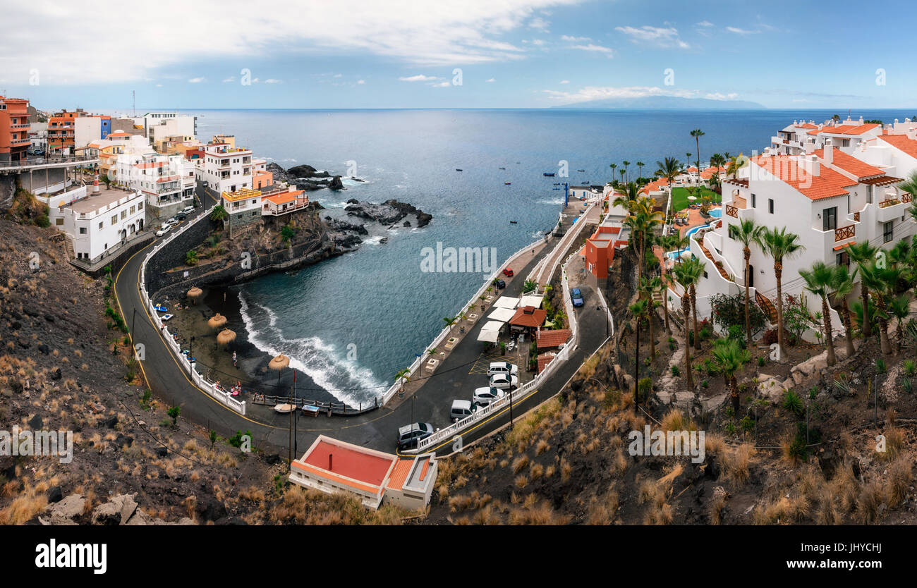 Panoramic aerial view of Chica beach in Puerto de Santiago in Los Gigantes, Tenerife, Canary Islands, Spain. Stock Photo