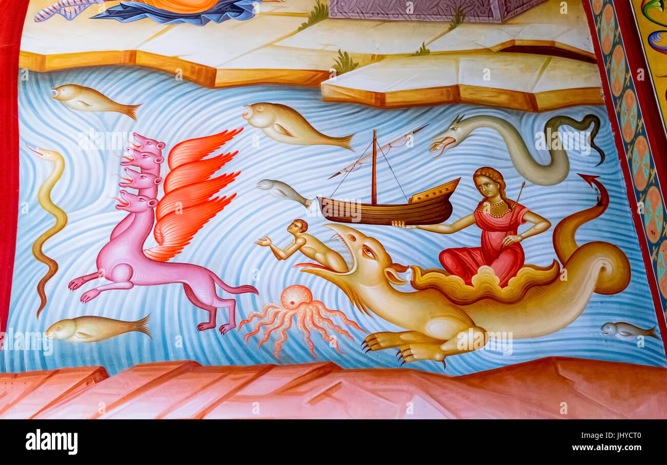 Mural of symbolical sea monsters with a Tannin, a sea monster, used as a symbol of chaos and evil in Canaanite, Phoenician, and Hebrew mythology. Stock Photo