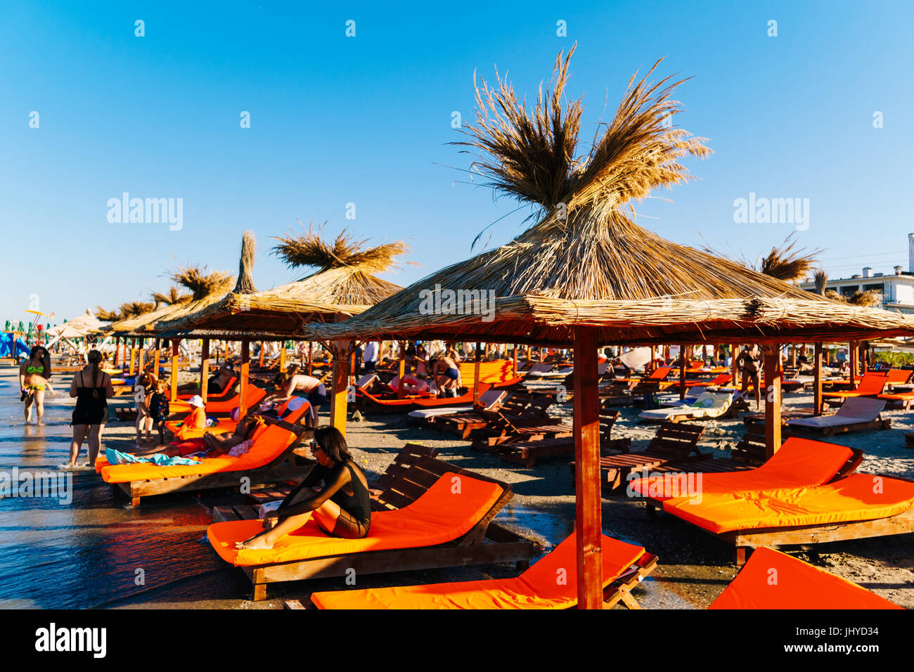 MAMAIA, ROMANIA - JULY 14, 2017: People Having Fun In Water And Relaxing In Mamaia Beach Resort At The Black Sea In Romania. Stock Photo