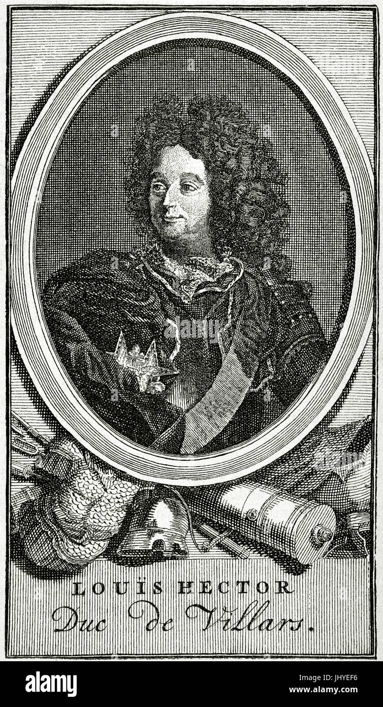 Claude Louis Hector de Villars (1653-1734). Marshal General of France. Engraving, anonymous. Universal History, 1883. Stock Photo