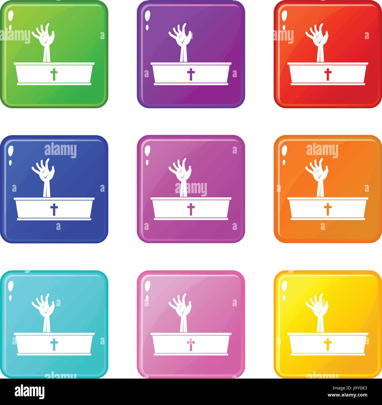 Zombie hand coming out of his coffin icons 9 set Stock Vector Image