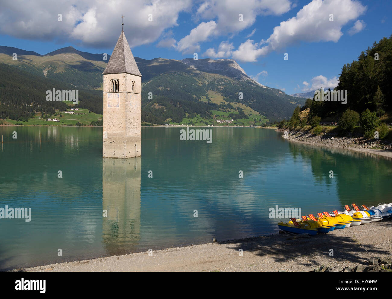 Steeple in the crisp lake, Graun, Vinschgau, South Tirol, Italy - Spire in brine Resia, Graun, Vinschgau, South Tyrol, Italy, Kirchturm im Reschensee, Stock Photo