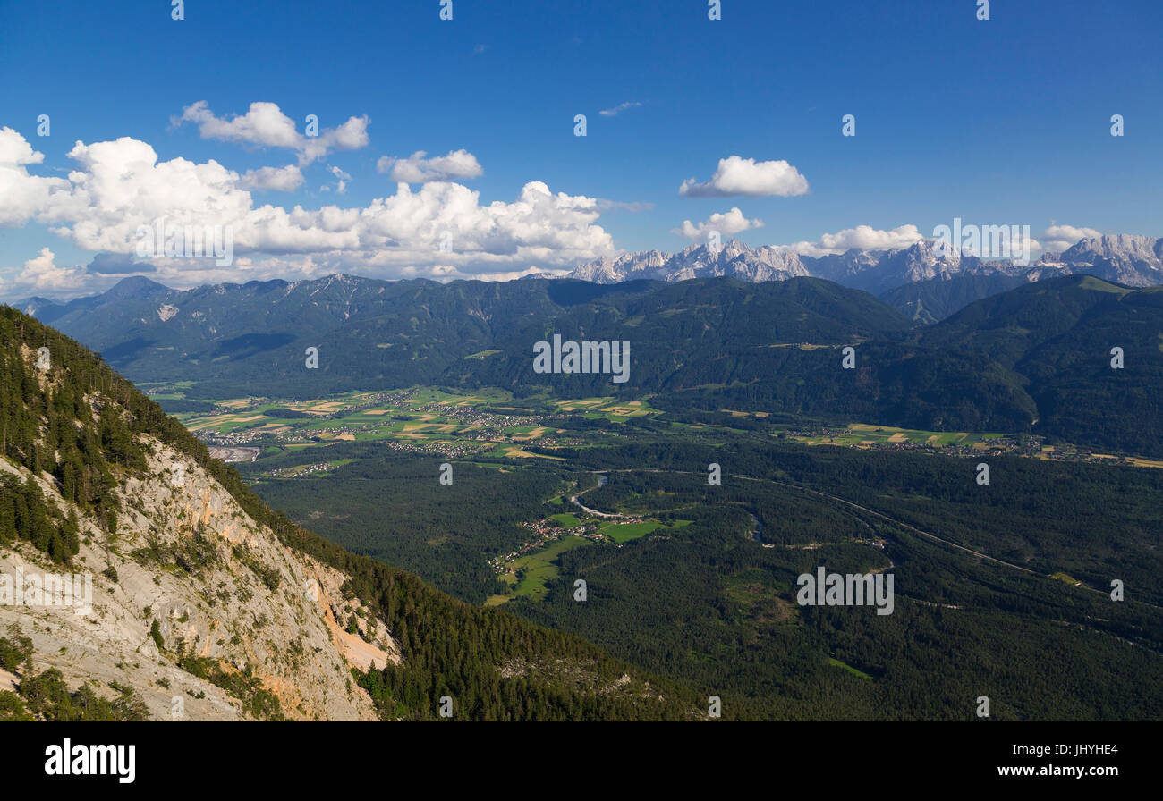 View of the red wall in the Dobratsch in the Gailtail and the Karawanken, Villach, Carinthia, Austria - View from Dobratsch to Gail Vailey and Karawan Stock Photo