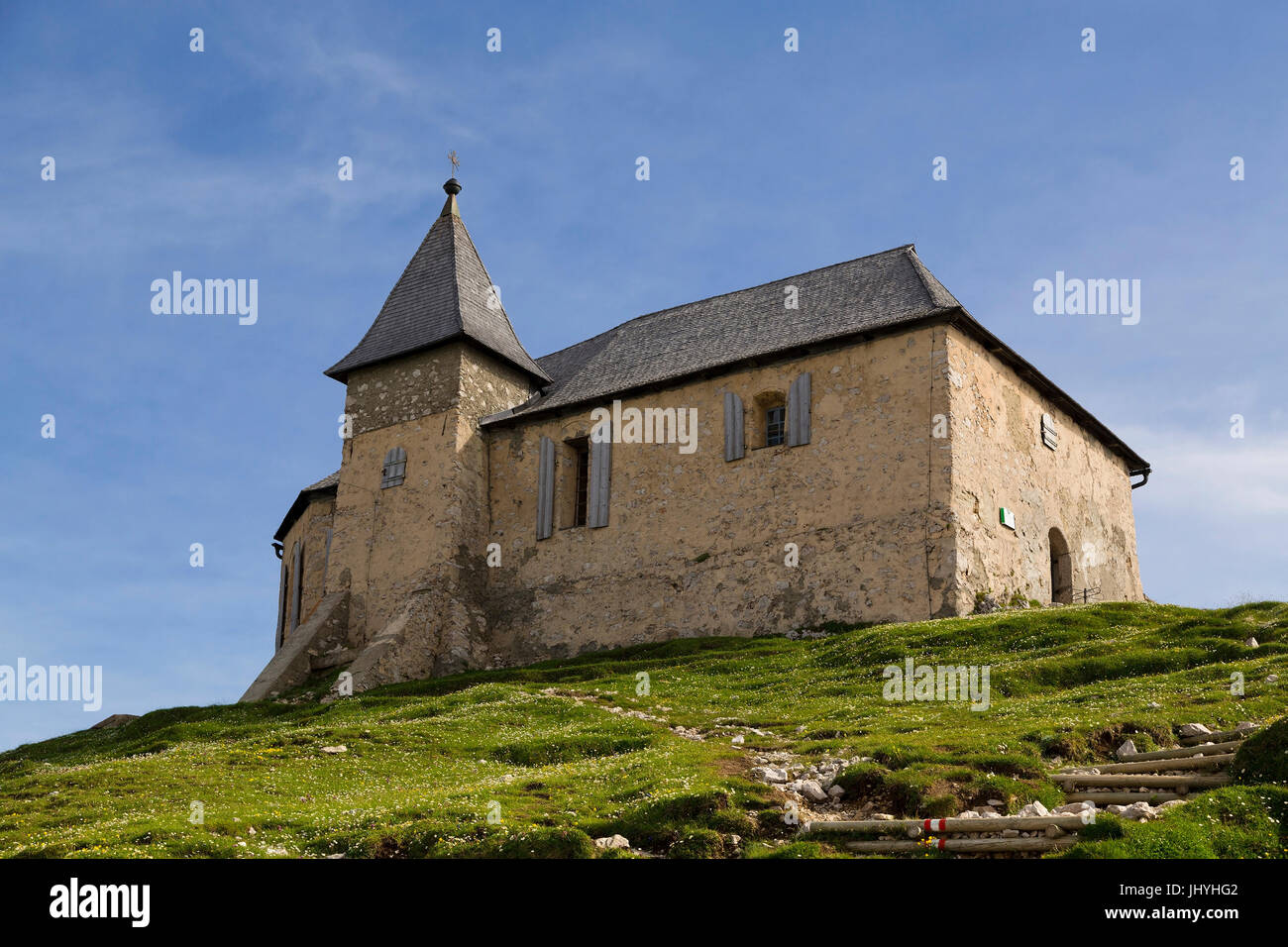 German chapel at the summit of the Dobratsch near Villach, Carinthia, Austria - German chapel At peak of Dobratsch, Carinthia, Austria, Deutsche Kapel Stock Photo