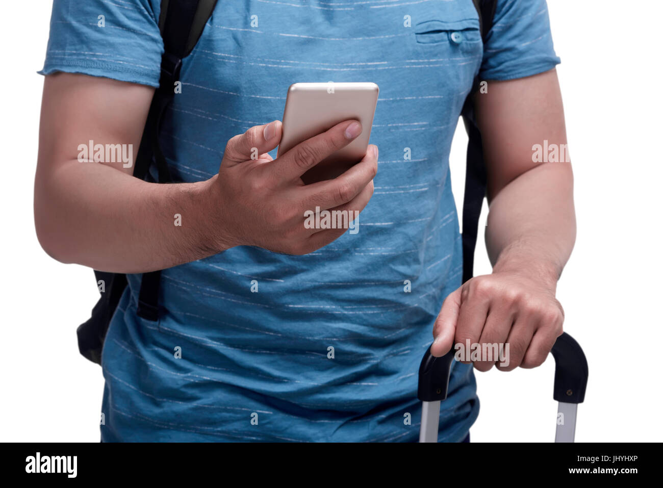 Close up asian tourist using smartphone for traveling isolated over white background Stock Photo