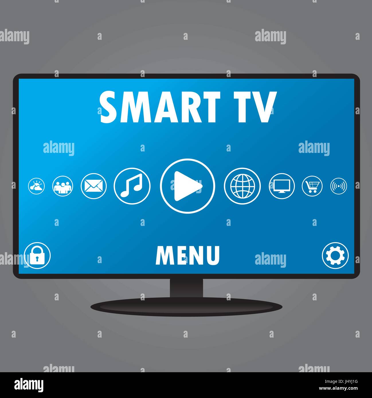 Smart TV with different icons, flat design, vector illustration Stock ...