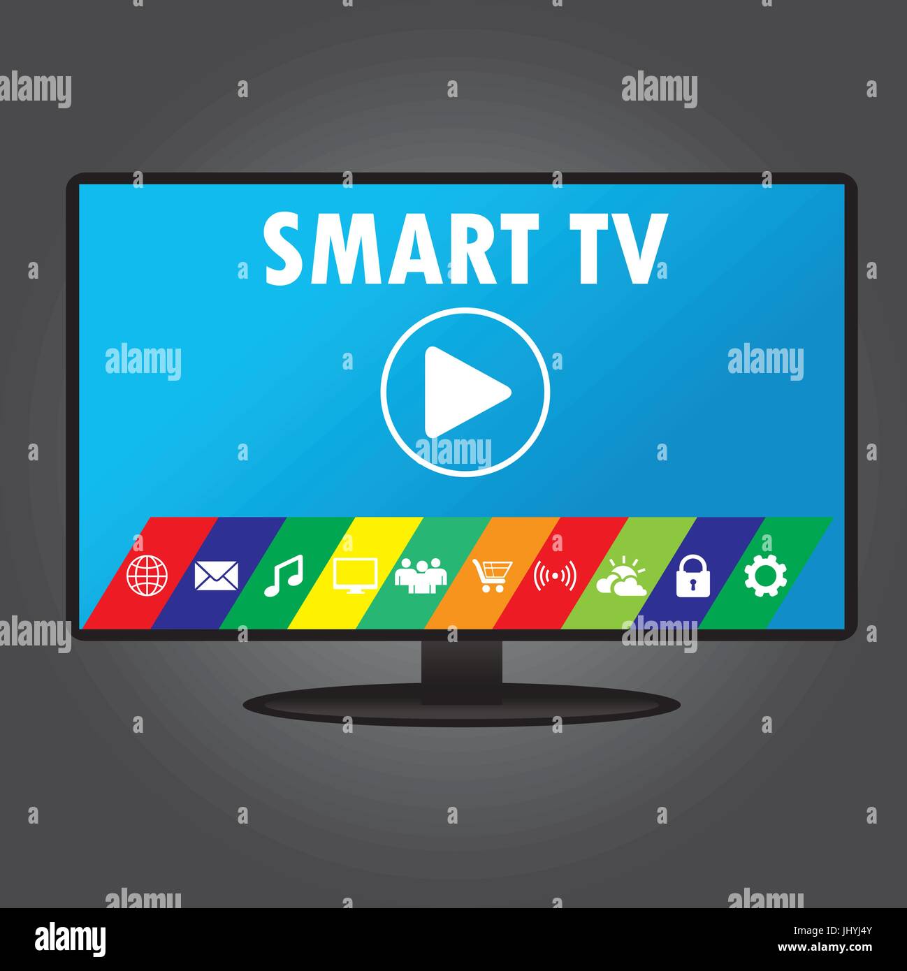 Smart TV with different icons, flat design, vector illustration Stock ...