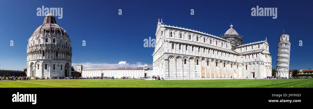Panorama of Piazza dei Miracoli containing the Leaning Tower of Pisa, the Cathedral and Baptistery, UNESCO, Pisa, Tuscany, Italy Stock Photo