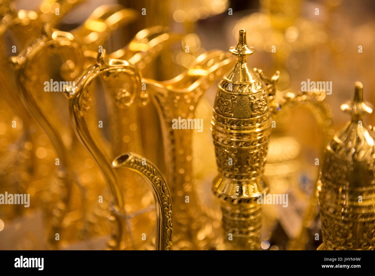 Souvenir gold plated traditional Arabic tea urns, Dubai Mall, Dubai, United Arab Emirates, Middle East Stock Photo