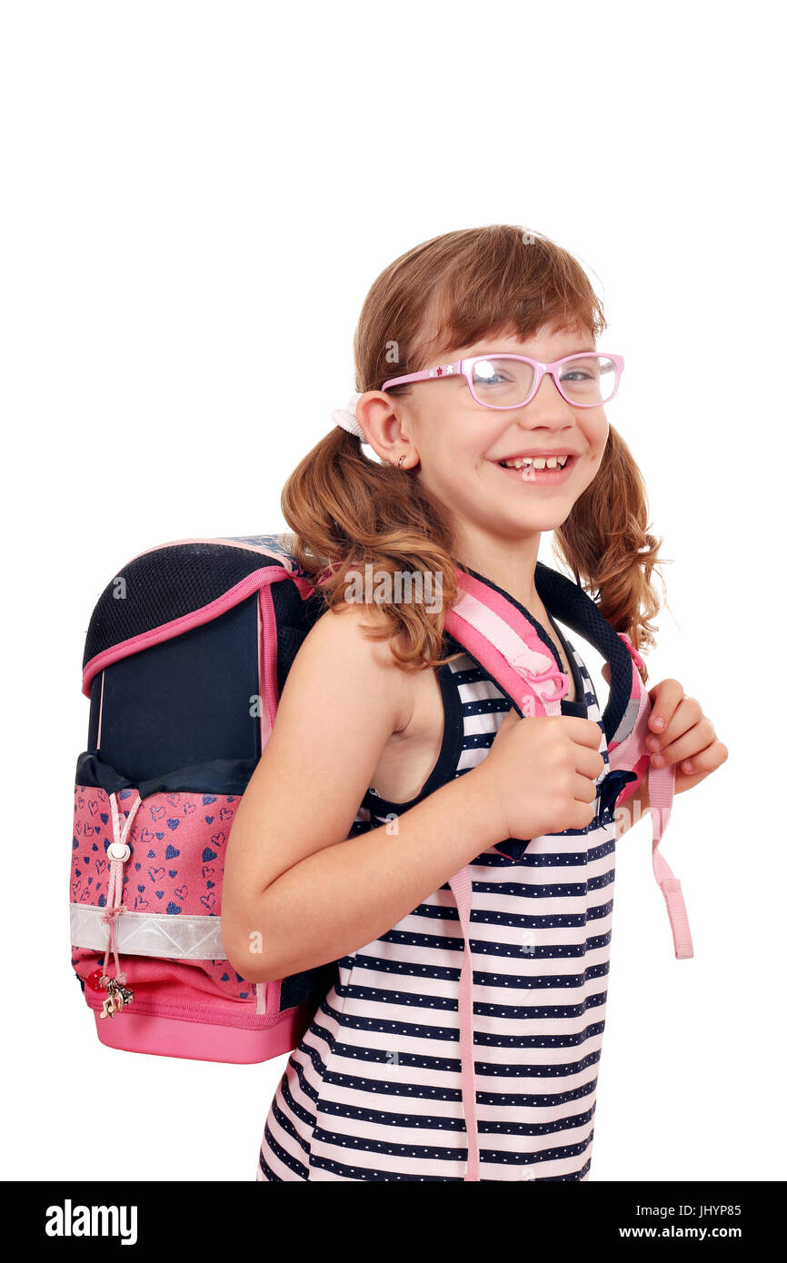 happy little girl with schoolbag Stock Photo