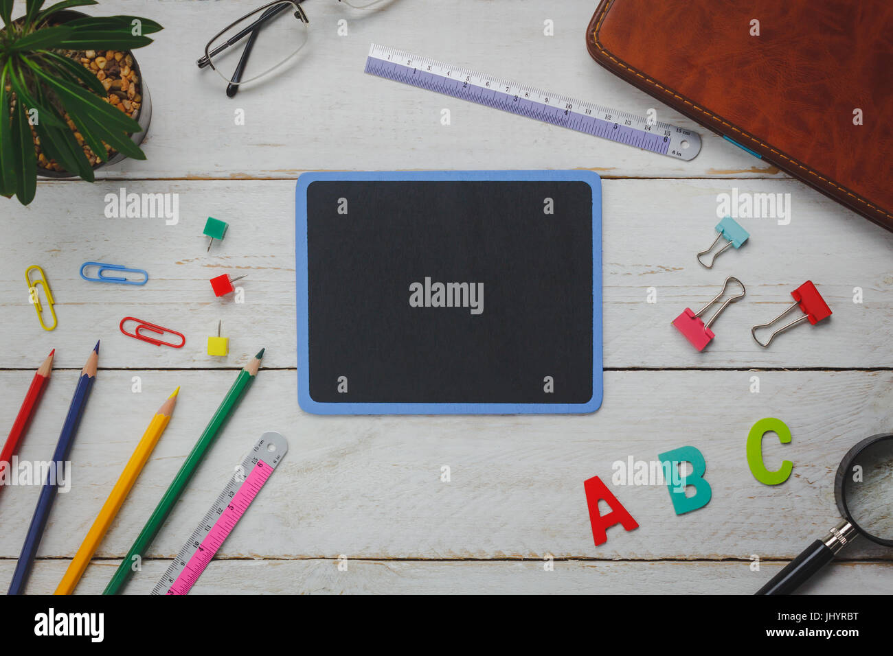 Top view back to school concept and education background concept.backboard with stationery ...