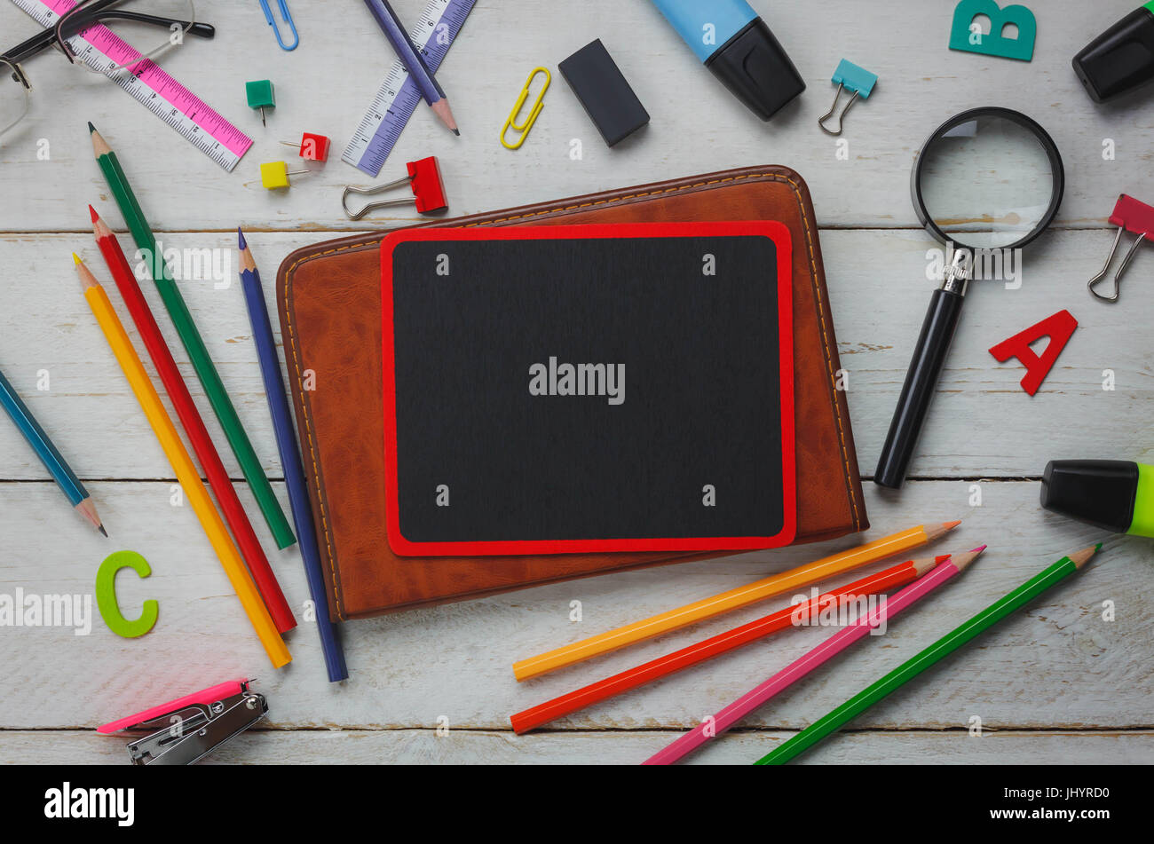 Top view back to school concept and education background concept.backboard with stationery ...