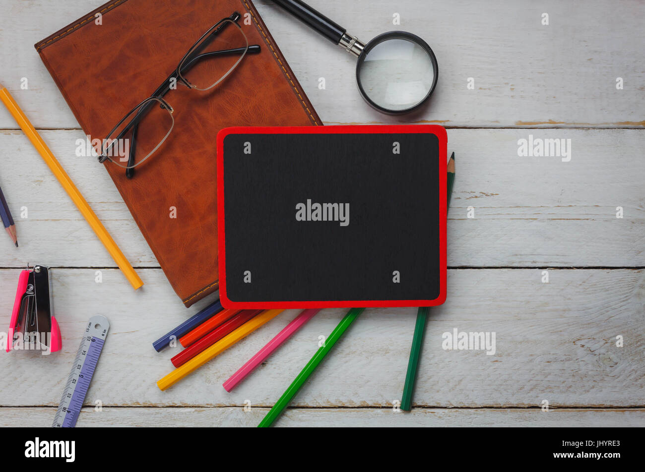 Top view back to school concept and business office supply background concept.backboard with ...