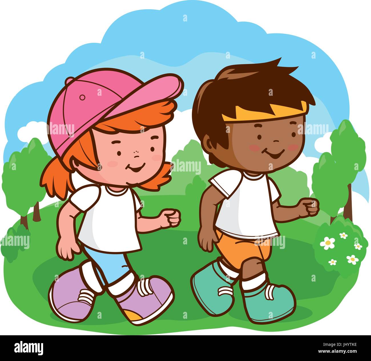 Children, a boy and a girl running at the park. Vector illustration Stock Vector