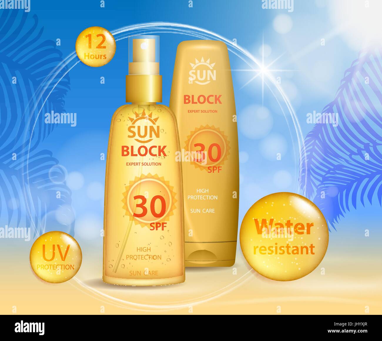 Sun protection, sunscreen and sunbath cosmetic products design face and body lotion with UV protection on palm beach summer background. Sunblock ads template. vector illustration Stock Vector