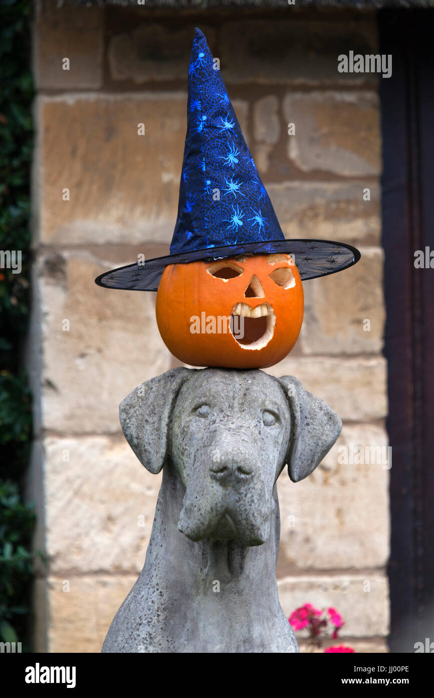 Pumpkin Halloween mask with witches hat on top of dog statue, United Kingdom, Europe Stock Photo