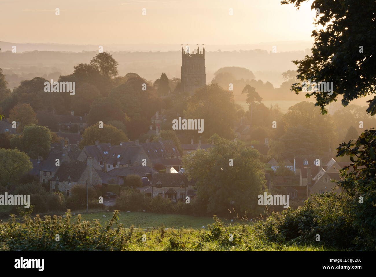 Cotswold countryside and St James Church at dawn, Chipping Campden, Cotswolds, Gloucestershire, England, United Kingdom, Europe Stock Photo
