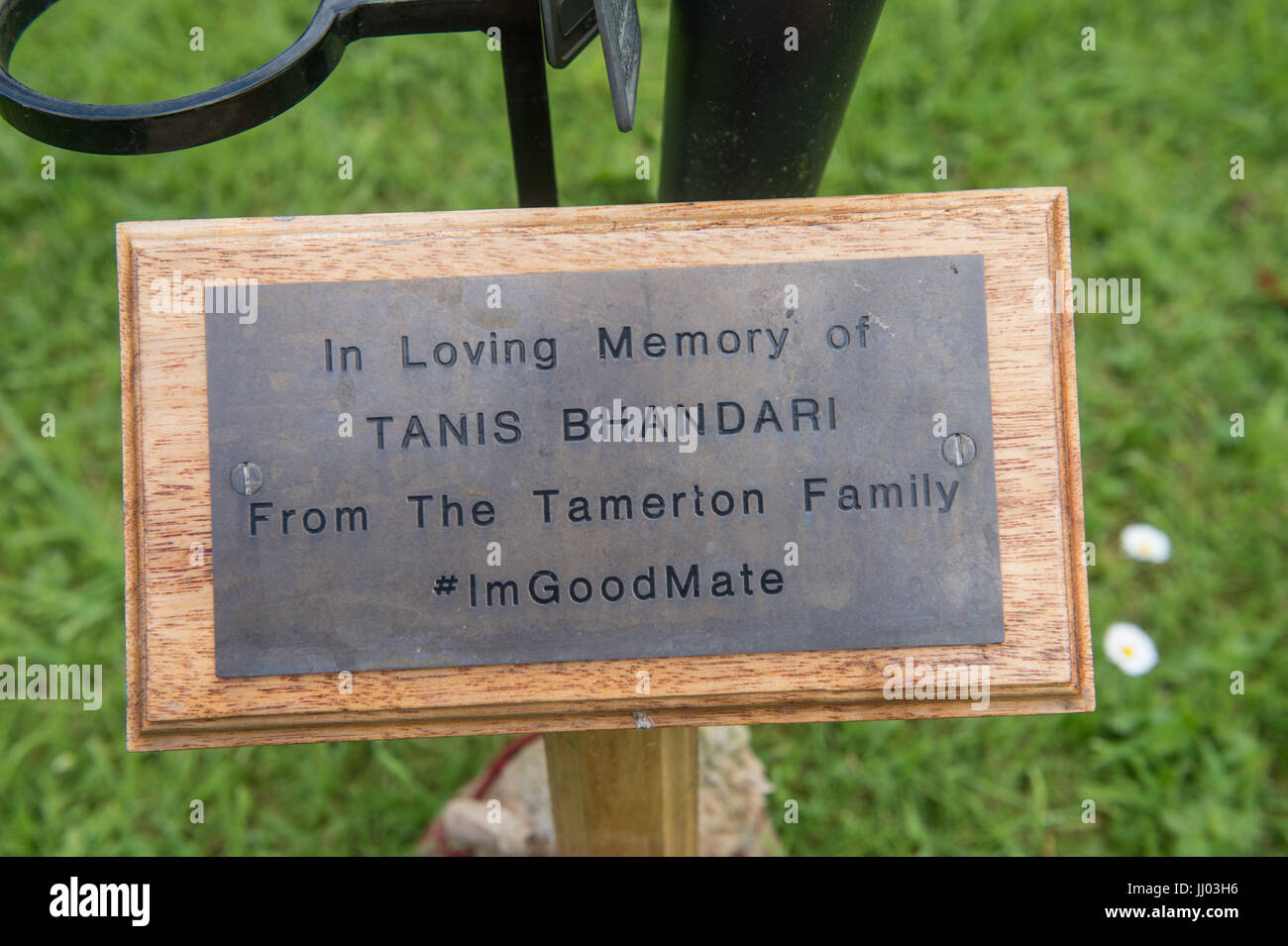 Paul Slater/PSI - Tanis Bhandari memorial seat, Tamerton Foliot. He was killed by Donald Pemberton and Ryan Williams. Stock Photo