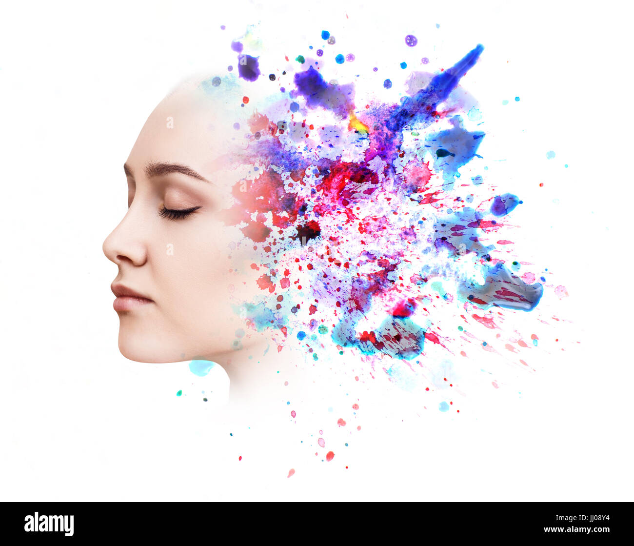 Double exposure of woman and watercolor paint Stock Photo