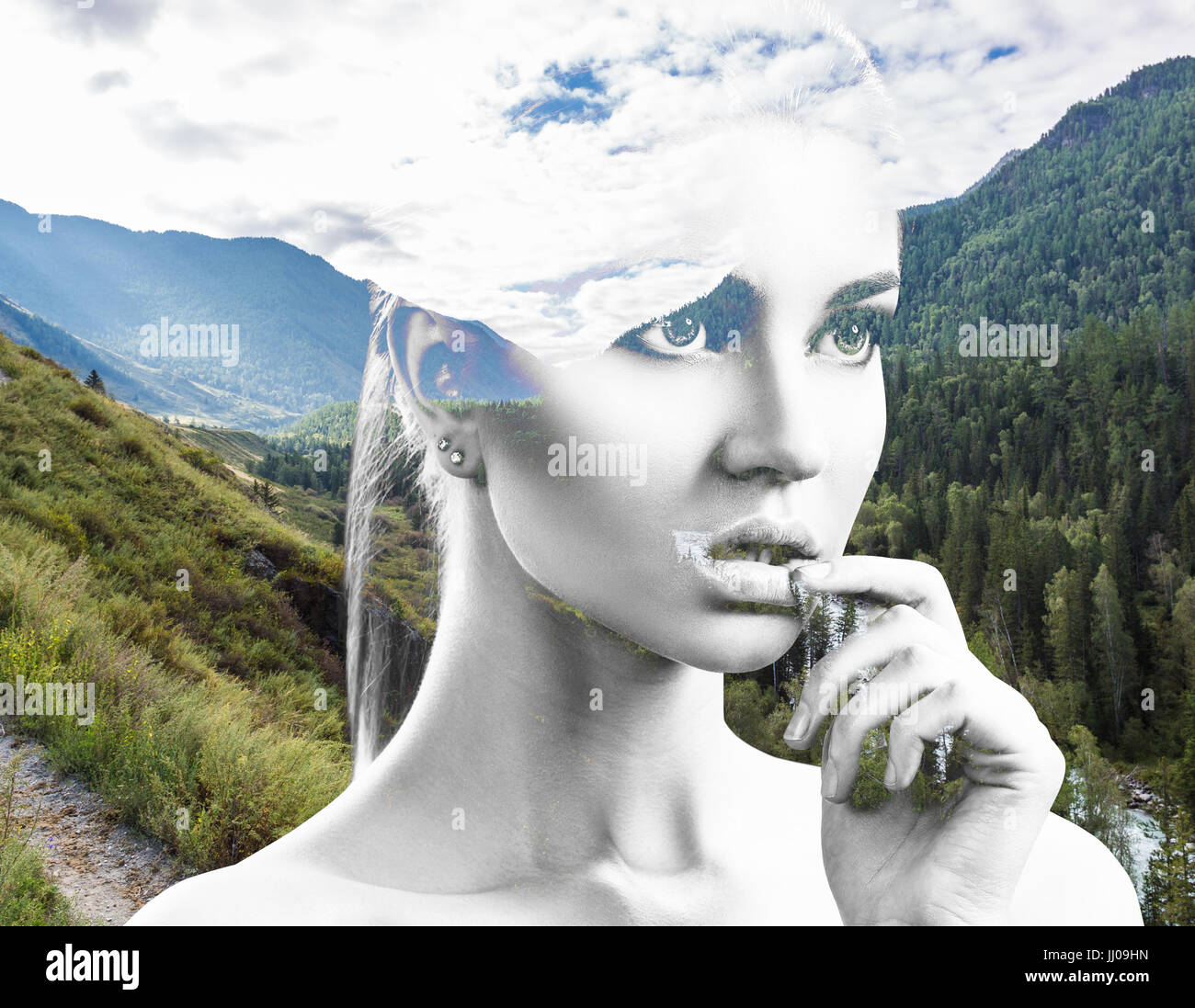 Portrait of young woman and nature landscape Stock Photo