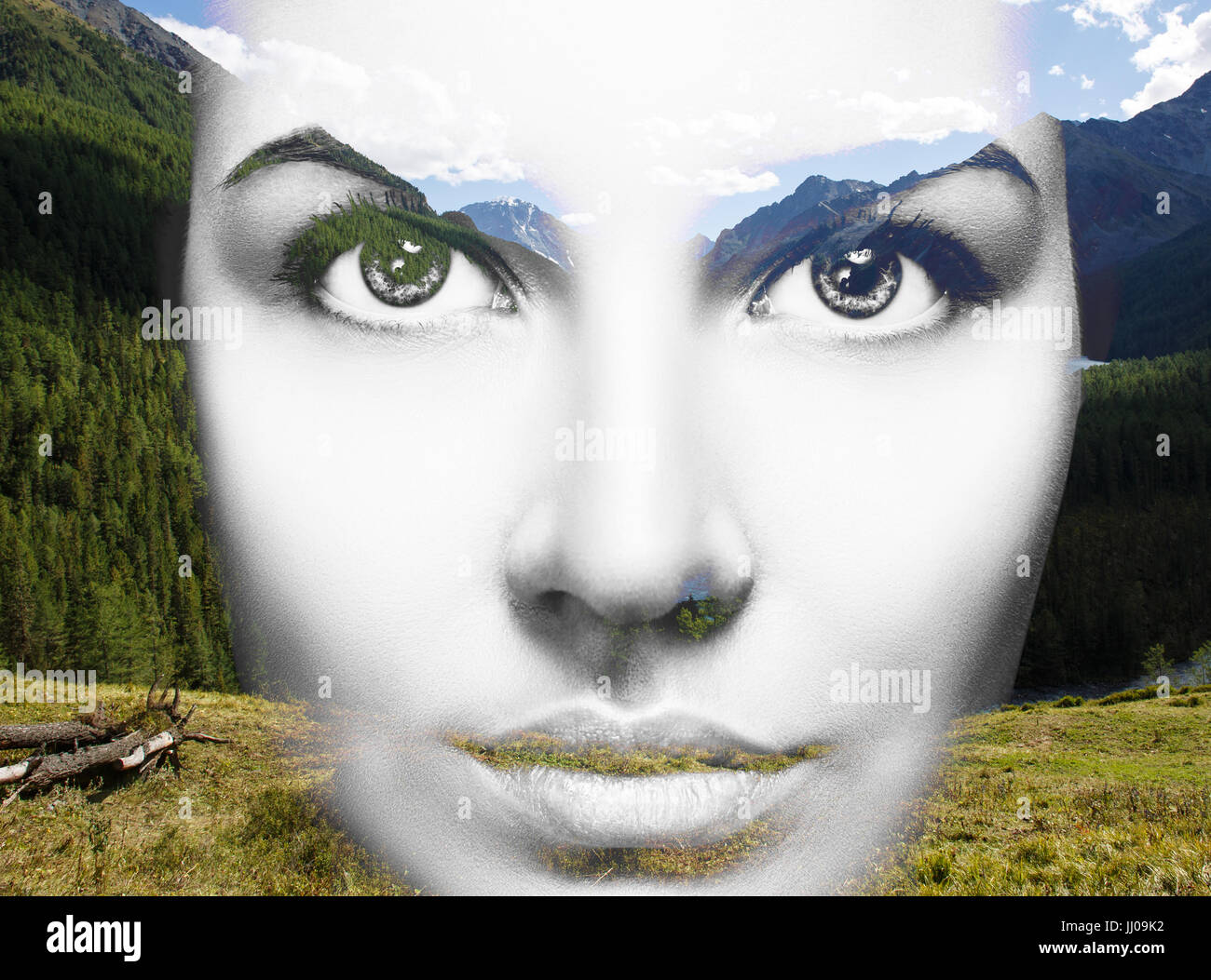 Portrait of young woman and nature landscape Stock Photo