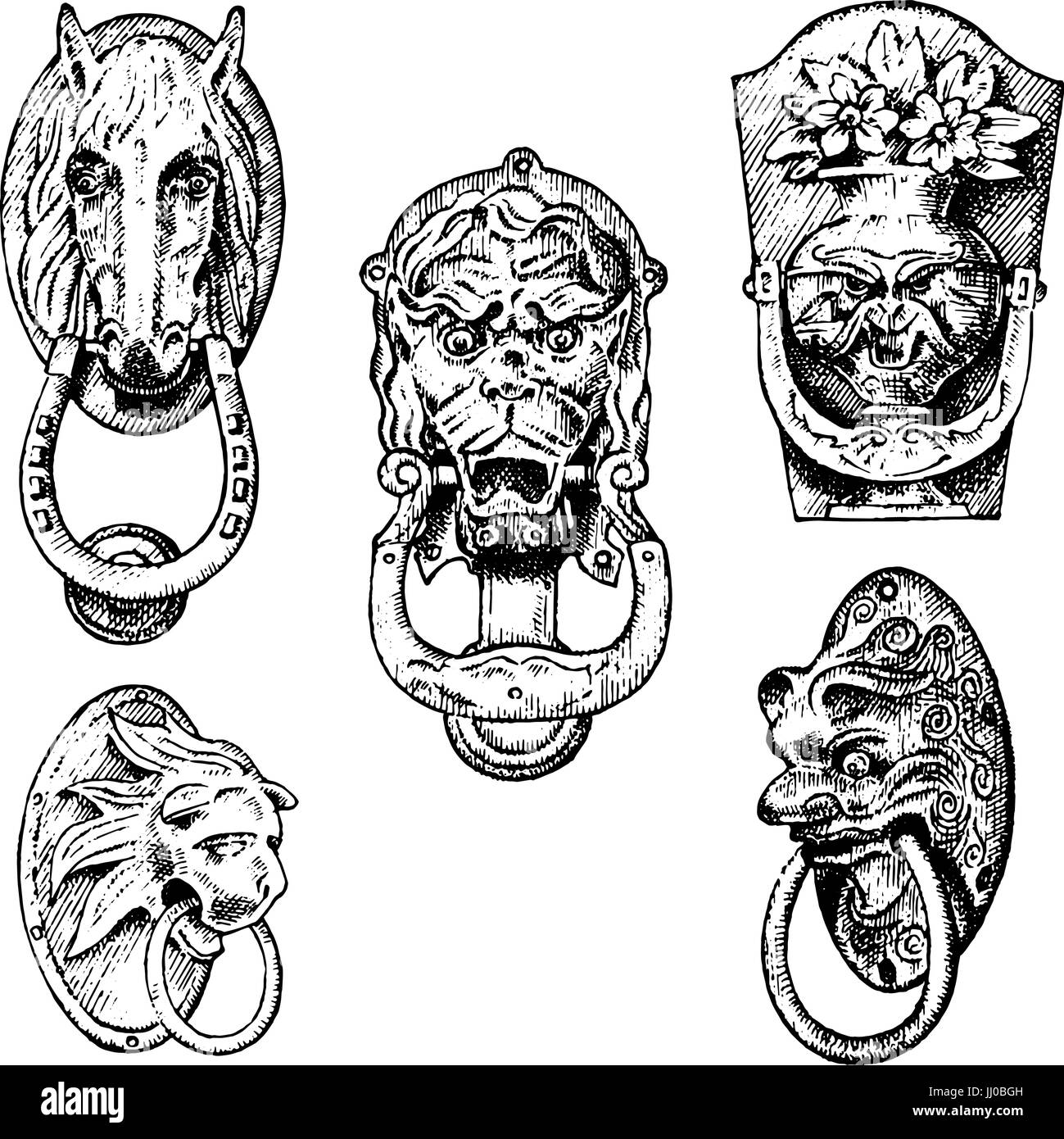 Detail ancient building. architectural ornamental elements, wooden door knob, knocker or handles. lion and horse. engraved hand drawn in old sketch, vintage and Antique, baroque or gothic style. Stock Vector