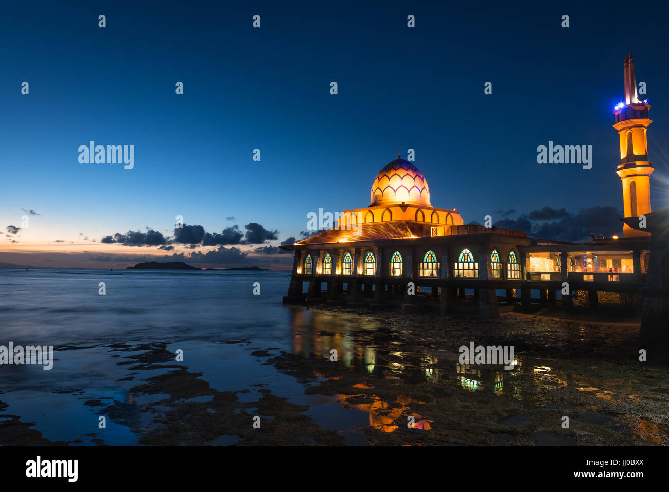Masjid Al Hussain A Floating Mosque Extends Over The Straits Of Malacca In Evening At Kuala Perlis Malaysia Stock Photo Alamy