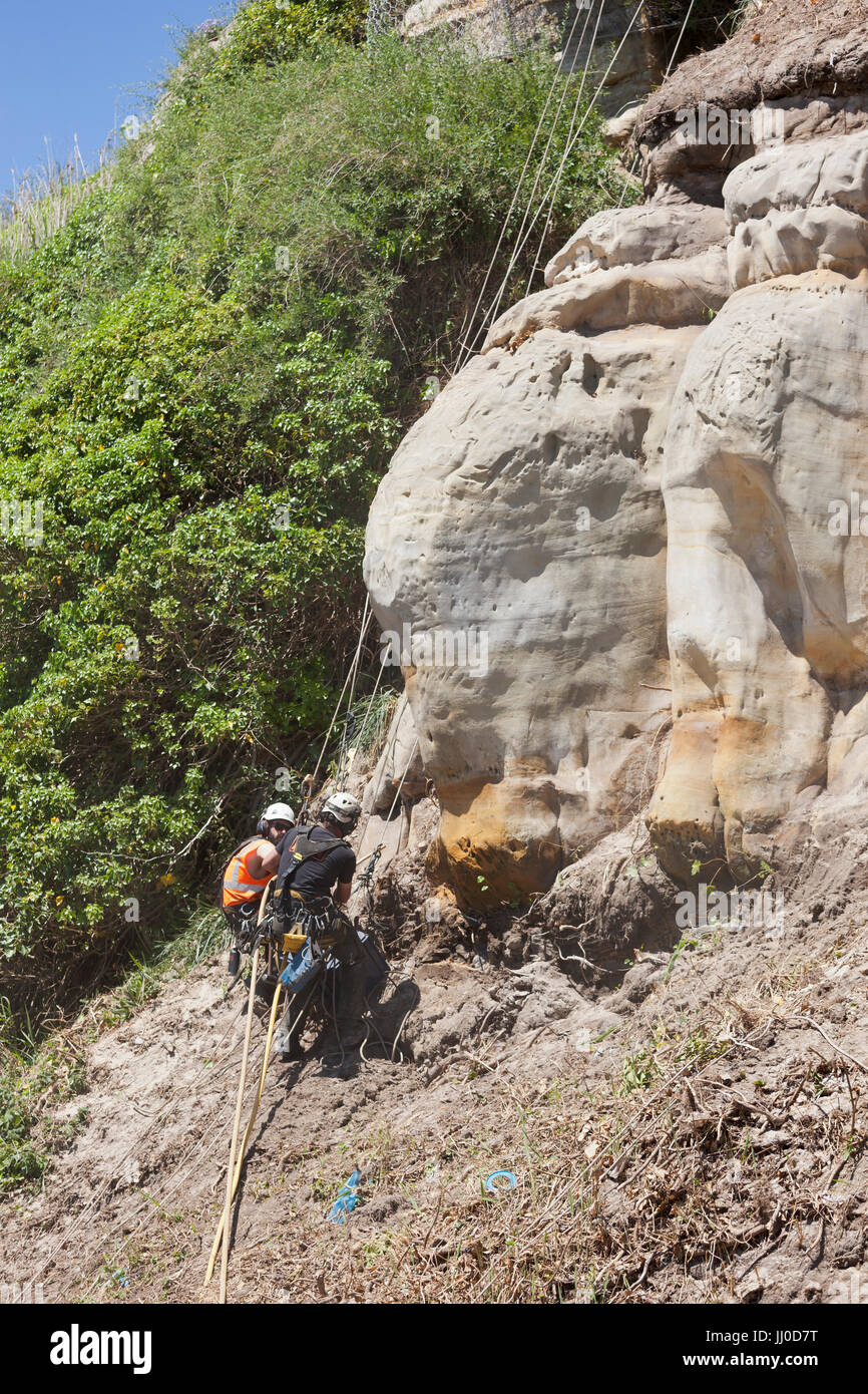 Men working to stabliize the the soft and unstable sandstone rockface at Rock a Nore road, Hastings. Stock Photo