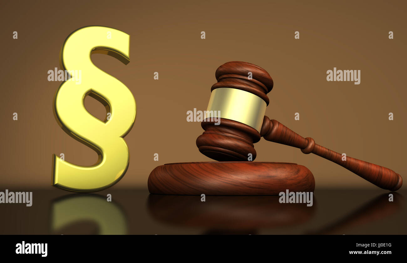 Judiciary, law and legal system concept with a golden paragraph symbol and a wooden gavel on a desktop 3D illustration. Stock Photo