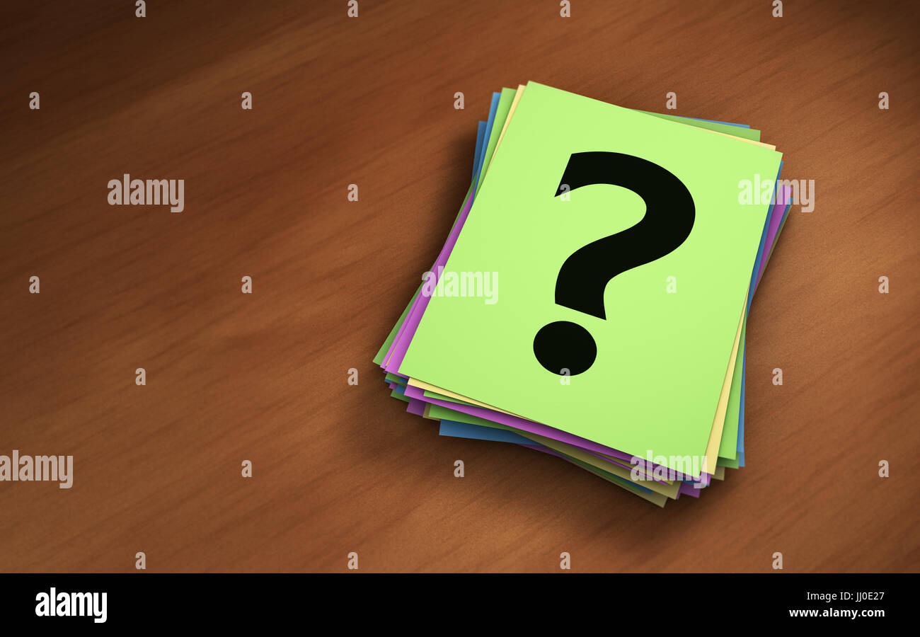 Question mark sign and symbol on a paper notes stack business and customer faqs concept 3D illustration. Stock Photo