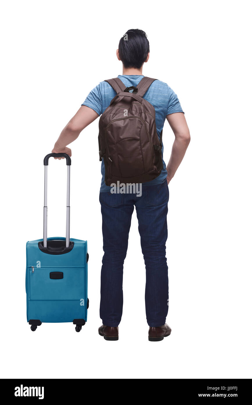 Back view of asian tourist with suitcase isolated over white background Stock Photo